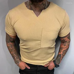 Männer T Shirts 2023 Sommer männer Kleidung Casual Einfarbig Slim Fit V-ausschnitt Hemd Freizeit Kurzarm Rippen t Männer Mode Tops