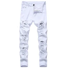 Мужские джинсы мужские джинсы белые джинсы мода хип -хоп разорванные узкие мужчины Джинсовые брюки Slim Fit.