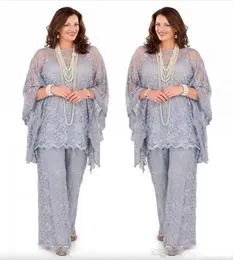 Custom Made Plus Size Of The Bride Pant Suits Long Sleeves Three Pieces Sier Gray Formal Women Groom Lace Mother Dresses