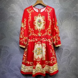 الفساتين غير الرسمية للسيدات Desginer خمر فستان أحمر أزياء الربيع 2023 مدارات الطباعة الأزهار طويلة الأكمام B858