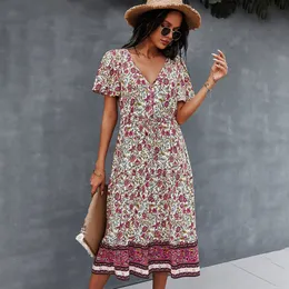 Casual Dresses Deep V-hals Summer Dress Beach Boho Floral Print Vintage Button Dresses Women Casual Loose A-Line Midi Long Elegant Robe 230323