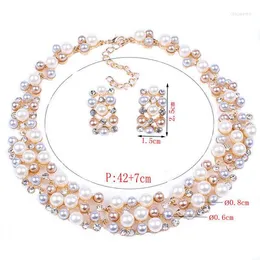 목걸이 귀걸이 세트 웨딩 신부 유럽과 미국 폭발성 트리콜러 진주 상감 라인 스톤 과장된 보석