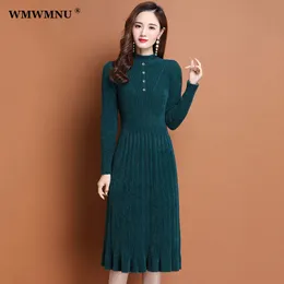 Casual klänningar casual mjuk faux mink kashmir tröja klänning kvinnor faller koreansk halvtureneck långärmade stickade klänningar elegant vestido mujer 230323