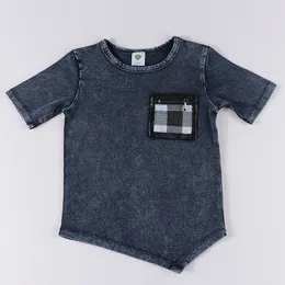 キッズシャツトップキッズTシャツ夏の半袖服子供boyと女の子のデニムブルー不規則なTシャツブラックジッパーポケット230322