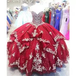 Burgundy Quinceanera Dress Bling Sequins Tulle Ball Gown Prom Sweet 16 Dresses Dark Red Gold Embroidered Applique Beaded Ruffle Skirt BC15529