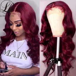 Syntetiska peruker 99J Body Wave Spets Wigs 13x4 Sidavel Röd Burgogne Syntetisk Middle T för kvinnor Glueless 180% Densitet 230227