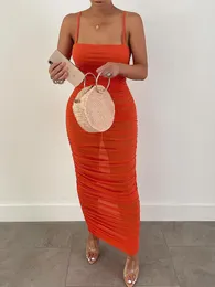 Kvinnors blusar Celebrity Mesh Sheer Sexig klänning för kvinnor spaghetti rem ärmlöst backless perspektiv ruched maxi kvinnliga kläder 2023
