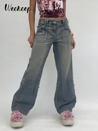 Kvinnors jeans weekeep baggy denim mamma kvinnor hög midja vintage överdimensionerade lastbyxor casual streetwear harajuku rak ben femme 230322