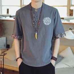 Mens Tshirts Chinese Style Kimono Men Disc Button Linen Tshirt Summer Shortsleeved Tang Shirt 230322