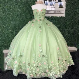 セージグリーンセクシーな恋人3DフラワーズアップリケレースQuinceanera Dresses Ball Gown Off Offer Offer