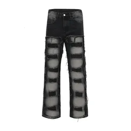 Mens Jeans Y2k Mens Jeans Streetwear Urban Hole Frayed Straight Denim Trousers Unisex Loose Harajuku Hip Hop Casual Oversize Cargo Pants 230323