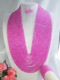 Necklace Earrings Set 2023 African Jewelry Fushia Pink Crystal Beads For Wedding