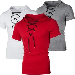 Mens Tshirts Casual Laceup Tshirt Hooded Summer Streetwear Overdimased T Shirts 230322