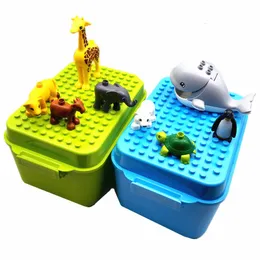 Bloki kompatybilne duże zwierzęta z pudełkiem do przechowywania pokrywę talerzy podstawy puste cegły zoo Monkey Lion Whale for Kids Montessori DIY Toys 230322