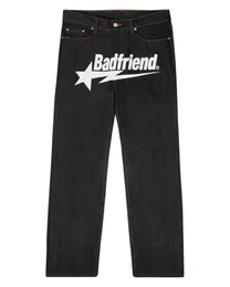 Mens Jeans Y2k Hip Hop Badfriend Letter Printing Baggy Black Pants Harajuku Fashion Punk Rock Wide Foot Trousers Streetwear 230322