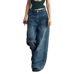 Women's Jeans Fashion EuropeUSA Style Do Old Vintage Jean High Waist MultiPocket Streamer Straight Type Broad Leg Thick Cowboy Pants 230323