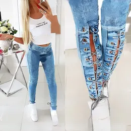 Women's Jeans Street Wear Lace Up Slim Denim Long Pant Jeans Girl Blue Fashion's Fashion Cash Strap 230323