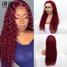 99J# Mänskligt hår peruk Shun Hair Cap Bourgogne Water Wave 13 * 4lace Front Wigs 230323