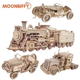 Blocchi di treno modello 3D puzzle di legno giocattolo assemblaggio locomotiva kit di costruzione per bambini bambini regalo di compleanno giocattoli 230322