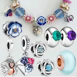 2023 Neuer, beliebter 925er-Sterlingsilber-Charm mit blauem Erdnussstein und buntem Frühlings-Charm, geeignet für primitiven Pandora-Armbandschmuck