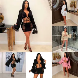 New Women's Two Piece Dress 2023 Spring Fashion Solid Color Long Sleeve Lace Cardigan Loose Tassel Tops Mini Skirt 2 Piece Set Women Clothing