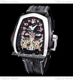 Twin Turbo JCFM05 Double Tourbillon Automatic Mens Watch Two Tone PVD Steel Red Skeleton Dial Black Leather Strap White Line Super Sports Car Watches Puretime C3