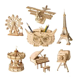كتل Robotime DIY 3D Wooden Puzzle Toys Model Model Marry Go Round Ferris Wheel for Children 230322