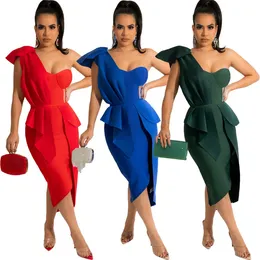 Mix 4 Colors One Shoulder Evening Gown Sexy Dew Backpack Hip Low-Cut Dress Mid-Length S-XXL