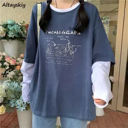 レディースTシャツフェイク2ピース長袖Tシャツ女性レタープリントグラフィックティーバギー韓国スタイルデザインフレッシュオールマッチガールズスプリングシック230323