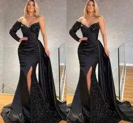 Arabic Vintage Black Long Sleeve Evening Dresses With Beads Sequins Sexy Front Split Pleats Ruffles Party Occasion Gowns Prom Dress Custom Made BC15456