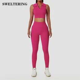 مجموعة Yoga Outfit's Set 2PCS High Weist Levgings Sports Sports Lapel Wear Gym Workout Clothes Litness Suits 230324