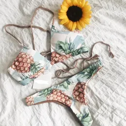 Kvinnors badkläder flätade ananastryck Bandage Bikini Sexig delad baddräkt Push Up Fruit Mönster Beachwear