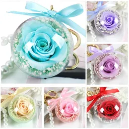 Decorative Flowers Wreaths Eternal Flower Keychain Clear Acrylic Ball Transparent Sphere 5Cm Rose Key Ring Valentines Gift Wedding SN6858