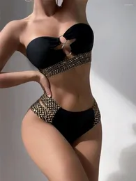 Женские купальные кольцо кольца Link Bandeau Bikini 2023 Сексуальные купальники Женщины с высокой талией Женская мягкая купальная купальная костюма Solid Beachwear Лето