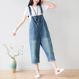 Women's Jumpsuits & Rompers Women Summer Denim Overalls Pants Ladies Scratched Retro Ripped Female Calf Length Trousers 2023 Holes