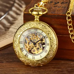 Relógios de bolso Vintage Bronze Gold Bronze Pocket Pocket Pocket Winding Skeleton Numbers Roman Numbers Dial Chain Clock para Men Drop 230324