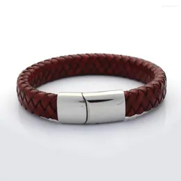 Charm Bracelets 12MM Wide Braided Men Bangles Retro Genuine Leather Bracelet Stainless Steel Bead With Magnet Clasp