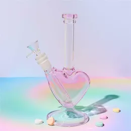 9" Pink Heart Shape Glass Water Pipe Bong Bubbler Beaker Hookah Percolator Tobacco Bowl with 14mm slide bowl