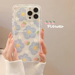 Art Wavy Blue Flower Case Strawberry Cute Silicone Soft Back Case For iPhone 14 X XR 7 8 Plus 13 Promax 11 12 Mini Xsmax Phone Capa