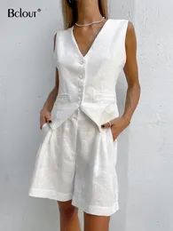 Женские спортивные костюмы Bclout Summer White Lenen Shorts устанавливает женские 2 штуки Элегантные синие V-образные стройные топы