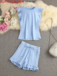 Womens Tracksuits ALPHALMODA Arrival Frill Sleeve Cotton Tshirt Shorts Women Casual Summer 2pcs Suits Girls Loungewear Set 230324