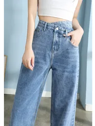 Kvinnors jeans jean breda ben byxor mamma femme svart blå hög midja kvinna byxor 2023 kläder pantalones spodnie damskie 230324