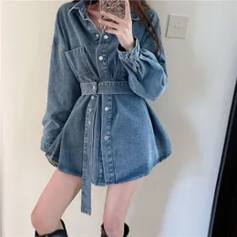 Ethnic Clothing Spring temperament hundred take care of skinny age reduction in the long paragraph waist belt denim jacket Korean pocket top 230324