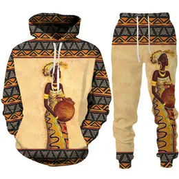 Herrspårar roliga afrikanska kvinnliga tryck hoodiesuit dashiki etnisk stil Menwomen Pullover Sweatshirt Set Casual Par Streetwear Tracksuit 230324