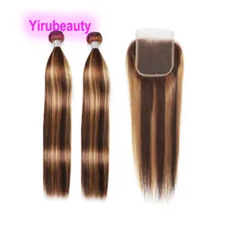 Yirubeauty Brazilian Human Hair Double Wefts 2 Bundles With 4X4 Lace Closure P4/27 Piano Color Silky Straight 10-30inch Kinky Curly