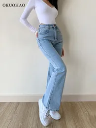 Женские джинсы Okuohao Skinny Bell Bottom Bloth High Prante Straint Slim Fit Flred Denim Pants Модная повседневная мыть черные брюки Y2K 230324