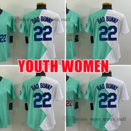 커스텀 여성 청소년 22 Bad Bunny 2023 야구 유니폼 월드 시리즈 챔피언 시티 블랭크 레드 그린 블루 골드 스티칭 유니폼 크기 S-XL