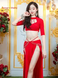 Scene Wear Belly Dance Costume Set Bellydance träningskläder för kvinnor Vinter halv ärmar Topplång kjol 2st kvinnlig orientalisk outfit