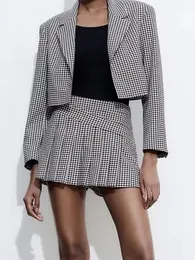 Two Piece Dress Office Lady Casual Plaid Print Short Blazers Outwear 2023 Spring Fashion Pleated Skirts Shorts Za Girls Blazer Suits 230324