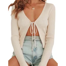 Kvinnors stickor Tees Trendy Simple Sexig Solid Tie Up Stick Cardigan Women Långärmning V Neck Slim Spets Crop Top Spring Autumn Casual Outwear 230324